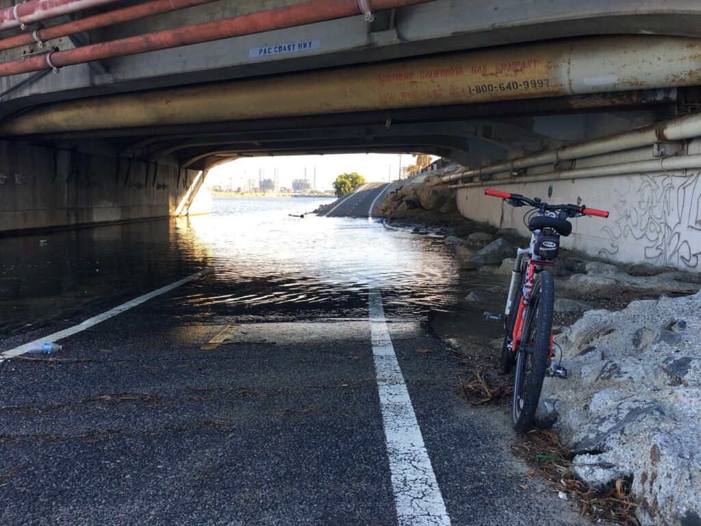 Flooding at Pacific Coast Highway at San Gabriel River, Seal Beach