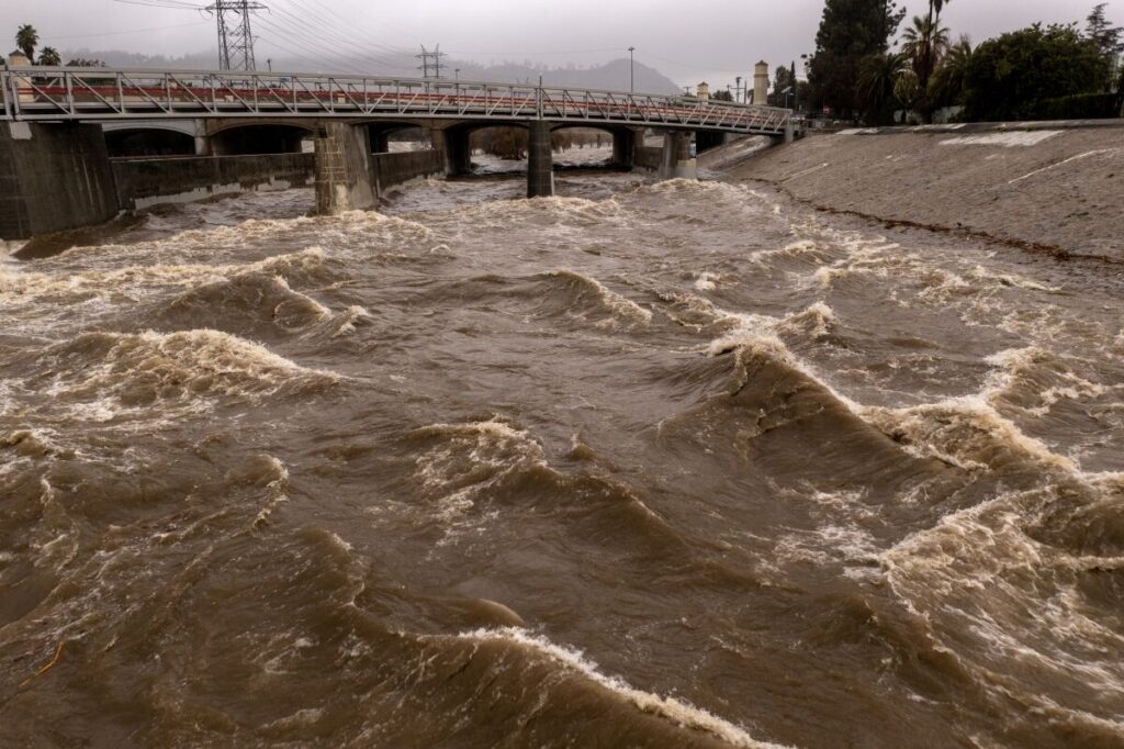 The Los Angeles River, which often runs at a trickle, is a raging torrent as powerful storms hit California on Jan. 5. From the LA Times.