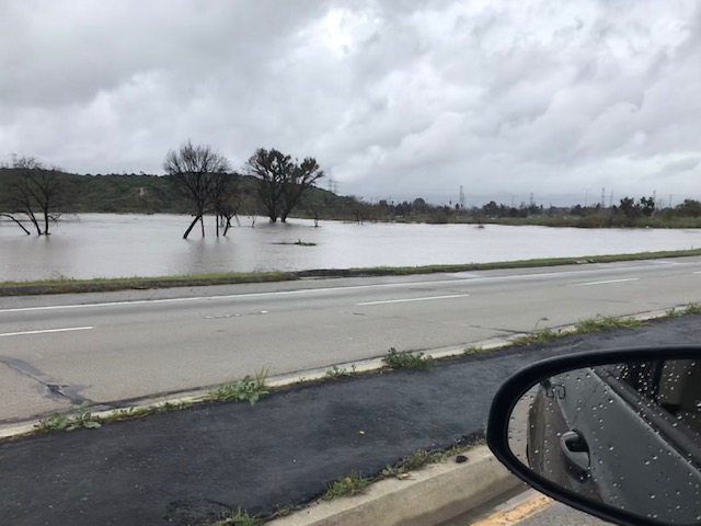 Feb. 2019. Rosemead Blvd just above the Whittier Narrows Dam during a large storm event. The flood waters in the dam on both sides of the roadway came dangerously close to overtopping Rosemead Boulevard. The cross streets at San Gabriel Blvd (to the left of this photo) and Durfee Avenue (not pictured) were completely submerged. 