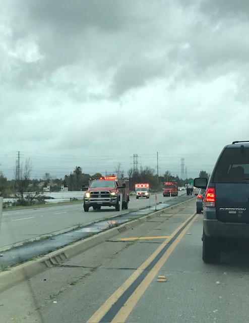 Feb. 2019. A swift water rescue was being conducted in the adjacent Whittier Narrows Park area while traffic was waiting to be redirected out of the danger zone. These photos were taken from a car that was one of the last to enter the area before Rosemead Blvd. was closed. Due to the rise in elevation while crossing over the dam the danger was not visible from the Pico Rivera (south) side of the dam.